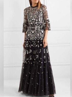 NEEDLE AND THREAD Black Tulle Embroidered Beaded Dragonfly Garden Gown